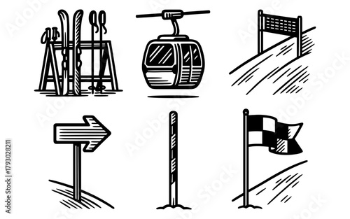Monochrome icons of winter sports and ski equipment