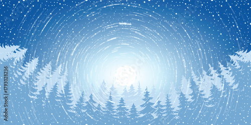 Winter vector illustration, snowstorm against the sun, coniferous forest