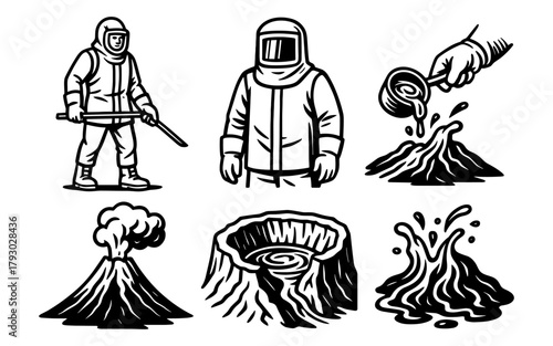 Volcano exploration: lava flow and protective gear in bold black and white design