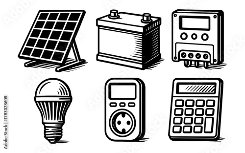 Retro style solar energy and electronics icons with woodcut effect