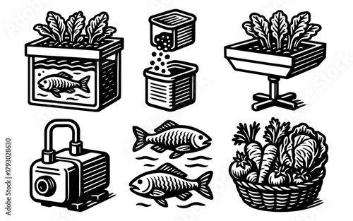Aquaponics elements: black and white design featuring fish, vegetables, and equipment