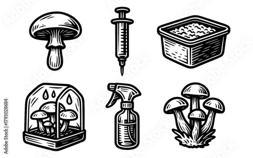Monochrome mushroom cultivation tools and elements collection