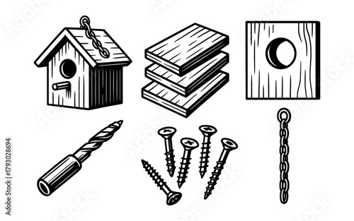 Birdhouse building set with tools and materials in black and white line art style