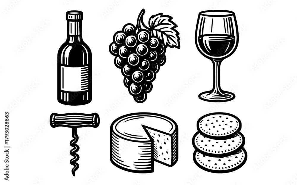 Naklejka premium Wine and cheese set: vintage style with grapes, wine glass, bottle, cheese, and crackers