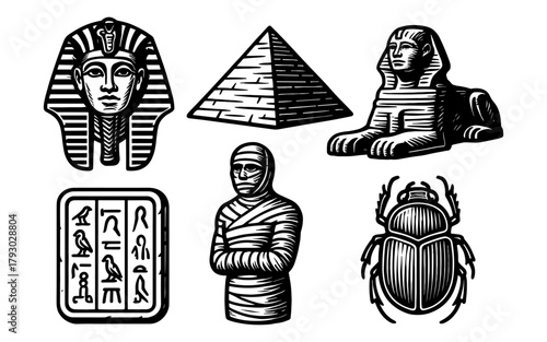 Ancient egypt symbols in retro style: pharaoh, pyramid, sphinx, mummy, hieroglyphs, scarab