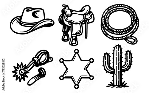 Wild west elements: cowboy hat, saddle, lasso, and cactus illustrations in bold style