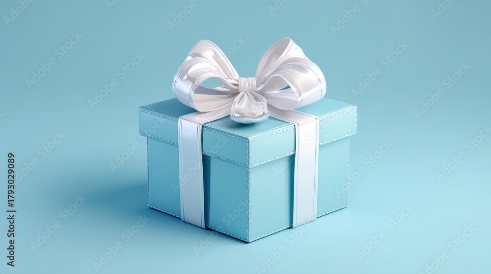 Obraz premium Delicate baby blue present with white ribbon on soft blue surface, modern 3D illustration