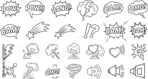 Comic Speech Bubbles and Explosion Icons Outline Set with Tornado, Hearts and Sound Symbol