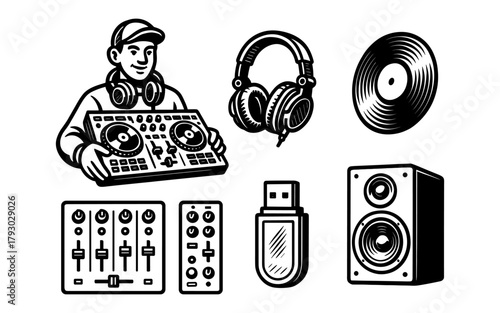 Retro dj equipment and modern tools in monochrome style