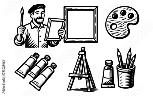 Vintage art tools and artist in retro black and white engraving style