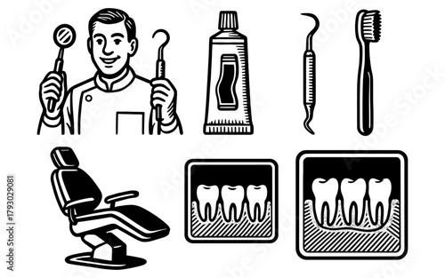 Dental care essentials: retro style with dentist, tools, chair, and tooth icons