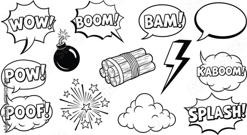 Comic Speech Bubbles with Explosions, Cartoon Bomb and Dynamite with Bang Words