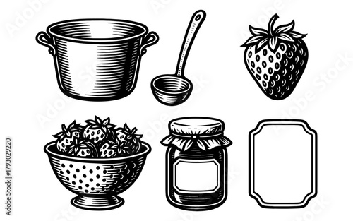 Vintage kitchenware set with strawberry and jam jar in retro style