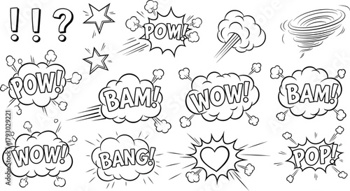 Comic Speech Bubbles Set, Cartoon Sound Effects, Expressions, Stars on Transparent Background