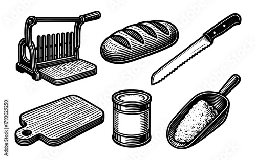 Vintage bakery tools and ingredients set in engraving style for kitchen decor