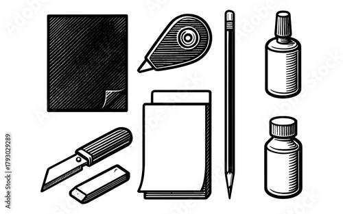 Hand drawn office supplies set featuring pencil, paper, correction tape, cutter, and glues