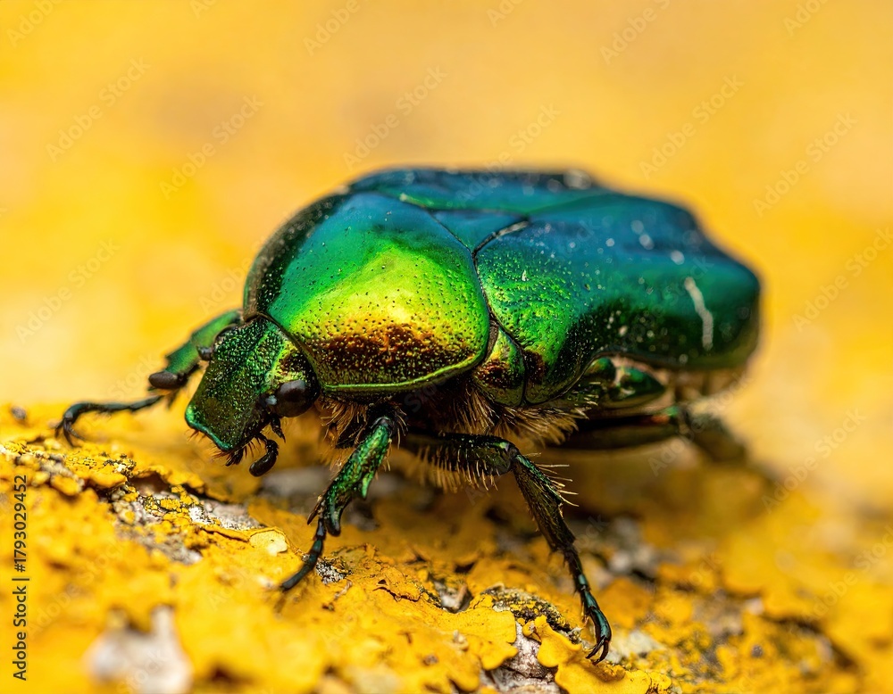 Naklejka premium Closeup of Green Jewel Scarab Beetle on Yellow Surface