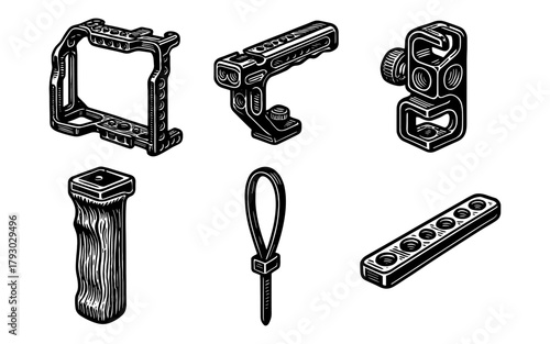 Detailed black and white camera rig equipment set in vintage style design