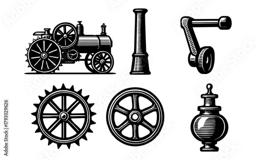 Vintage industrial machine parts in detailed black and white engraving style