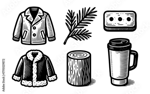 Vintage black and white icons with jacket, fern, and coffee cup