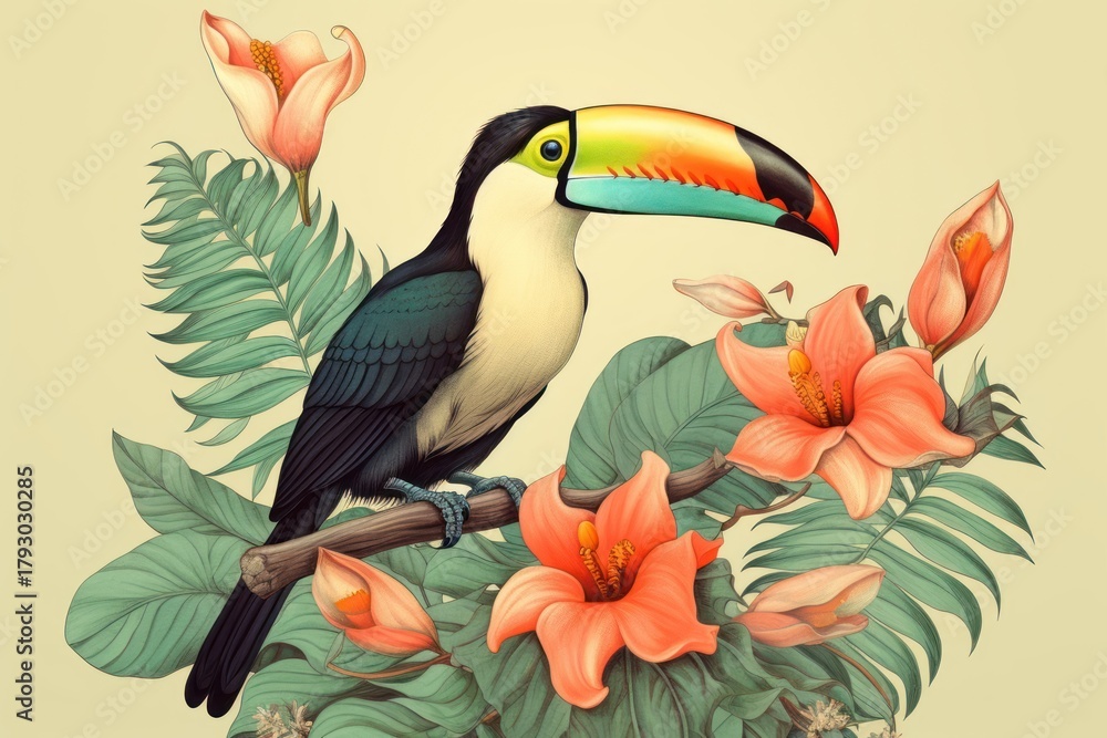 Naklejka premium Vintage drawing of toucan bird flower animal plant.
