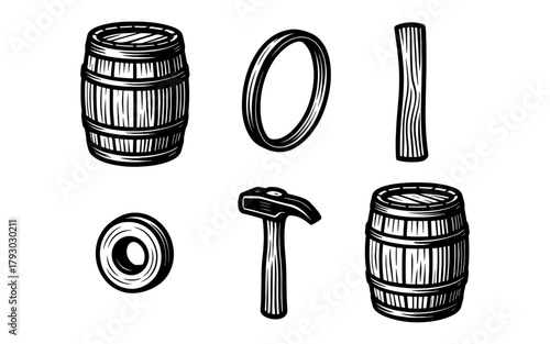 Hand drawn vintage woodworking tools and barrel accessories set
