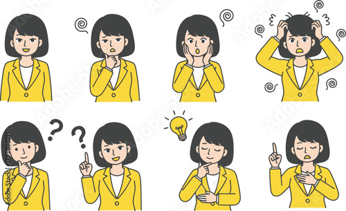 Business Woman Problem Solving Set: Confusion, Stress, Questioning, Thinking, and Idea Generation