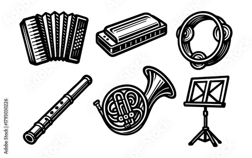 Set of musical instruments icons in linear style with accordion, harmonica, tambourine and more