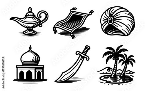 Arabian nights icons set: lamp, carpet, turban, palace, sword, palm trees