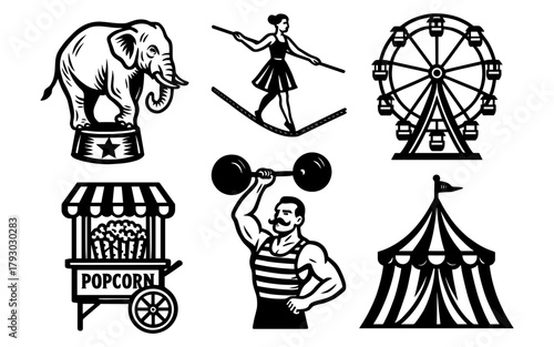 Vintage circus elements: elephant, performer, ferris wheel, popcorn stand, strongman, circus tent