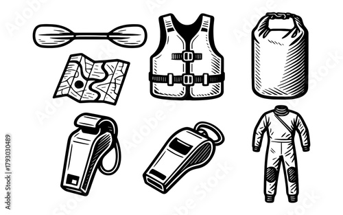 Outdoor adventure gear: life vest, dry bag, map, whistle, paddle, and wetsuit in hand drawn style