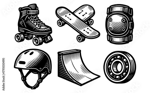 Retro sports gear set featuring roller skate, skateboard, and protective equipment in vintage style