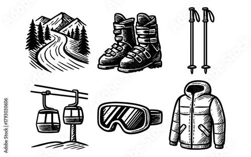 Monochrome winter sports icons featuring skiing, snowboarding, and mountain gear