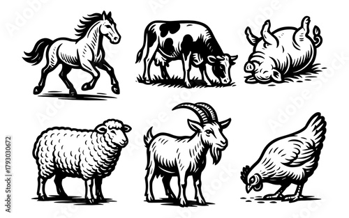 Farm animals set in bold retro style: horse, cow, pig, sheep, goat, chicken