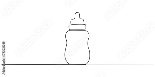One continuous line drawing of baby feeding bottle and pacifier Baby milk bottle and pacifier outline vector illustration. one line Icon drawing with white background