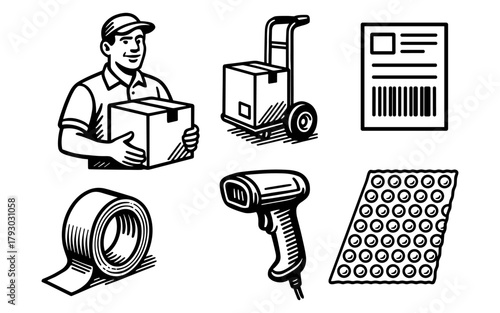 Courier service elements: delivery worker, boxes, scanner, packaging icons in black and white