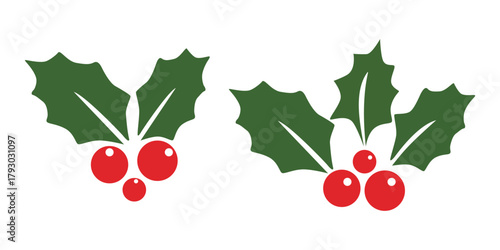 Holly berry icons set. Green and red Chritmas logo wirh holly berry. Holly berry icons set, Chritmas logo wirh holly berries. Holly berry icons. Cartoon holly leaves and berries. Chritmas logo wirh  