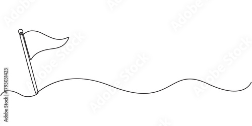 Continuous one line empty, white flag drawing. Flag Vector illustration, Single Line Drawing of a Flag with Editable Stroke and Copy Space, Continuous one line art billowing flag icon.