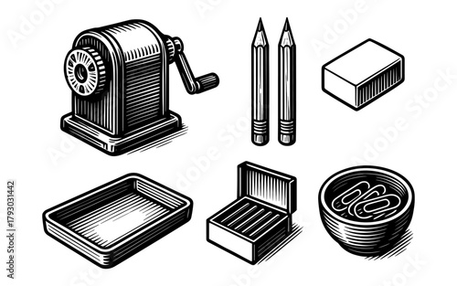 Vintage office supplies set with sharpener, pencils, and clips in retro style