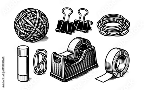 Hand-drawn office supplies: rubber bands, paper clips, and tape set