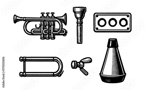 Vintage brass instrument elements set in classic black and white style