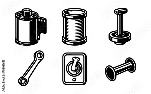 Retro camera supplies and tools in bold black and white design