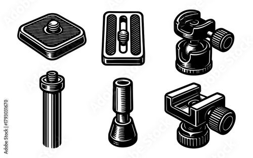 Detailed camera accessories in vintage black and white engraving style