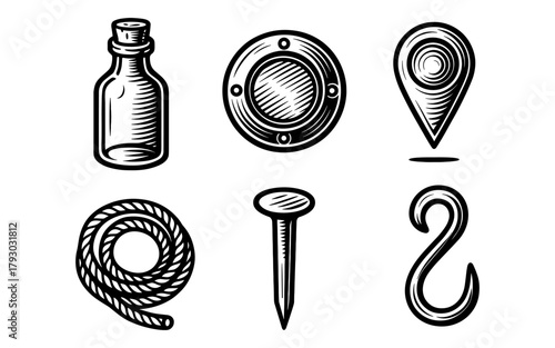 Vintage hand drawn tools and objects: bottle, porthole, pin, rope, nail, hook