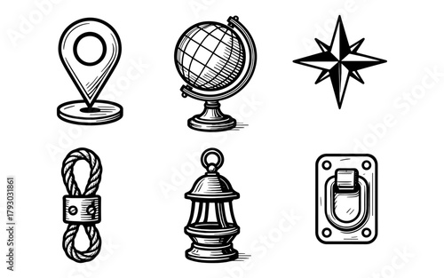 Hand-drawn nautical icons: globe, compass rose, lantern, knot, location marker, ship door
