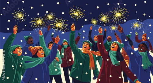 Enthusiastic Crowd Celebrates with Sparklers Under a Festive Night Sky.