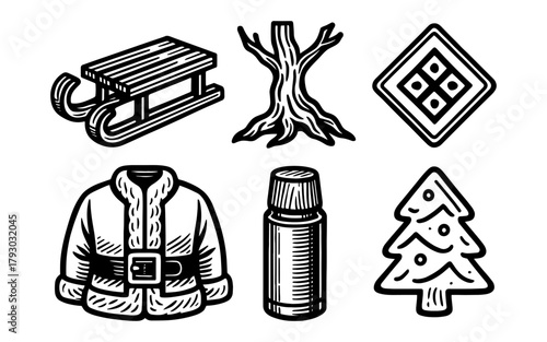 Winter classics: cozy jacket, tree and sled icons in retro style
