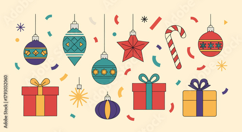 Festive Christmas Ornaments and Gifts Illustration.