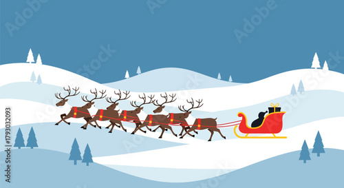 Santa Claus Sleigh Ride with Reindeer in Winter Landscape.