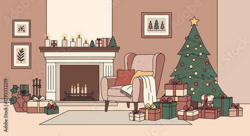 Cozy Christmas Living Room with Fireplace and Gifts.